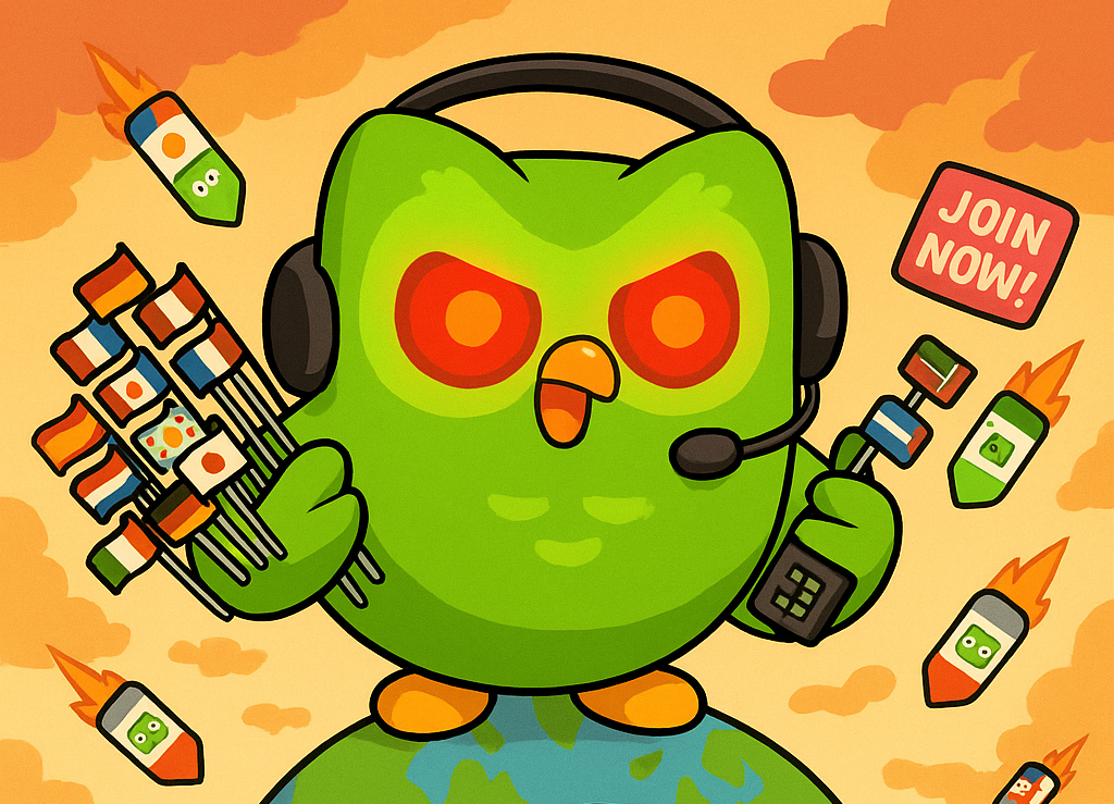 A giant, cartoonish Duo the Owl (with glowing AI eyes) sitting on top of a spinning globe, clutching 148 tiny language flags in its wings