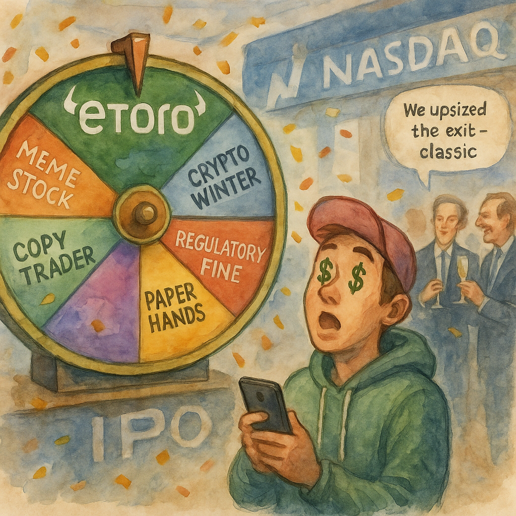 Watercolor illustration of a Nasdaq trading floor with a giant eToro-branded roulette wheel labeled with options like "Meme Stock," "Crypto Winter," "Regulatory Fine."