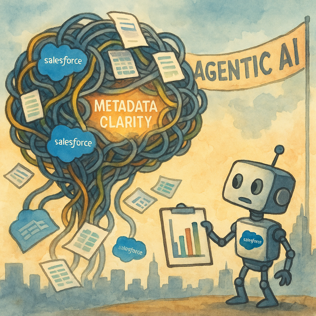 A watercolor cartoon of a giant AI brain made of cables and spreadsheets absorbing metadata from a robot with a Salesforce logo.