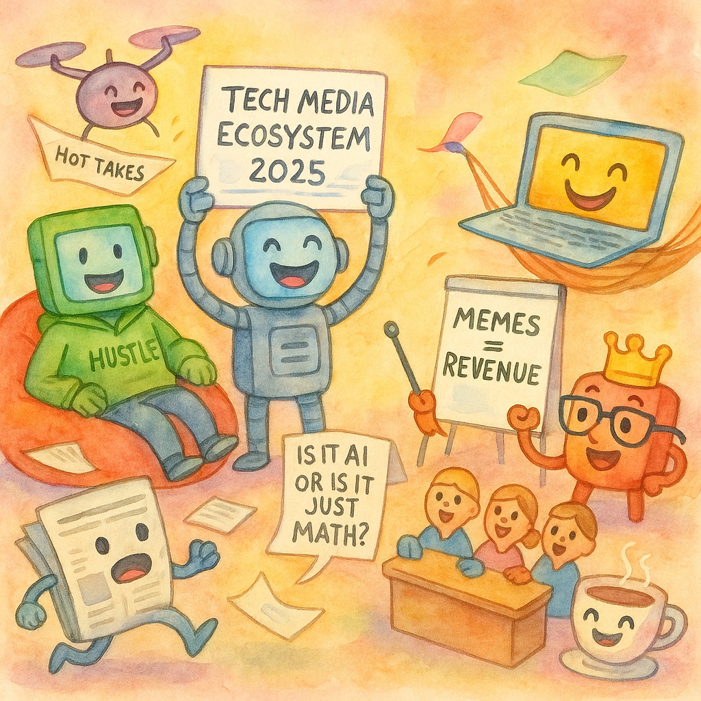 Watercolor cartoon characters in a chaotic, happy tech newsroom scene.
