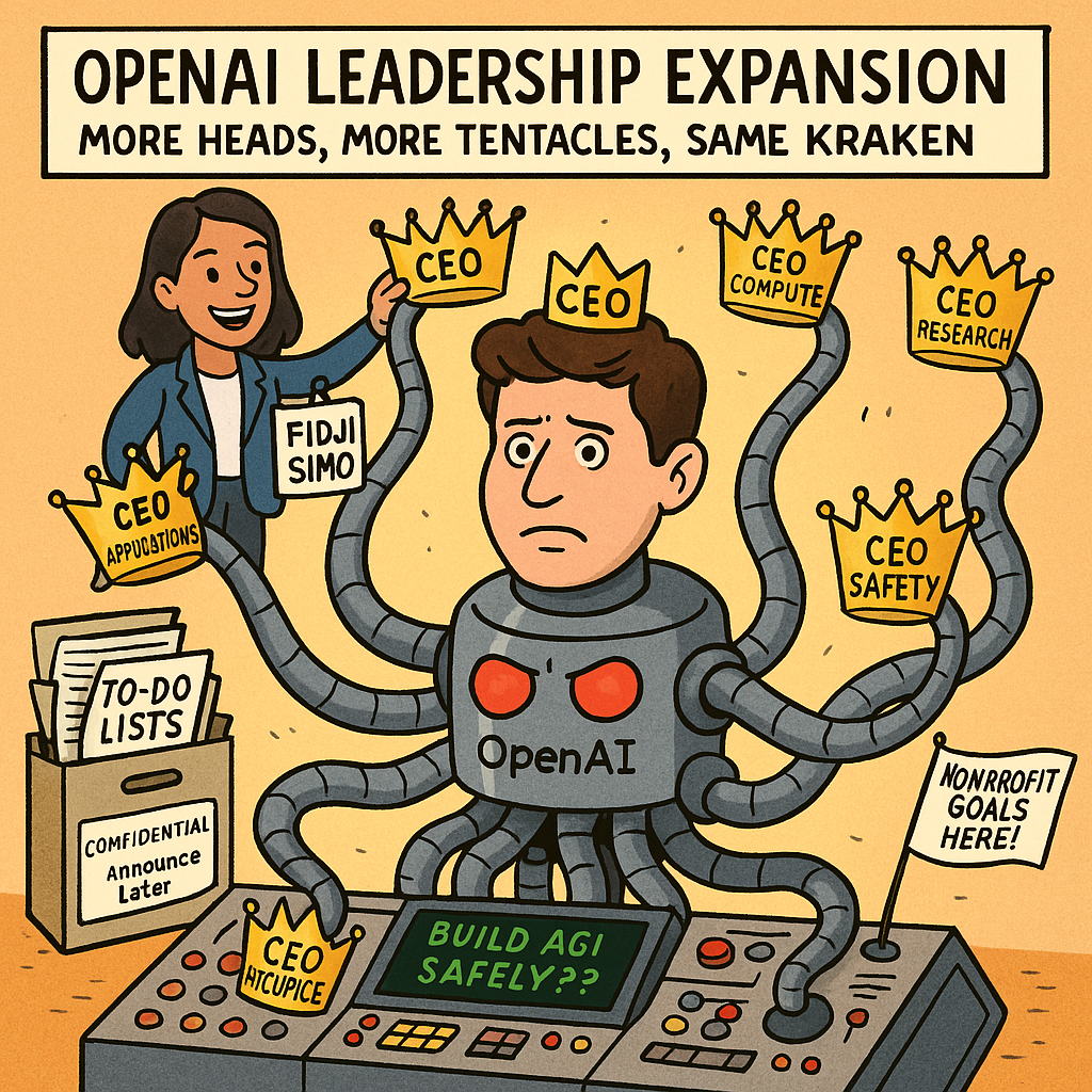 A giant metallic robot octopus labeled “OpenAI”, with glowing red eyes, sits at a shiny, overcomplicated control console.
