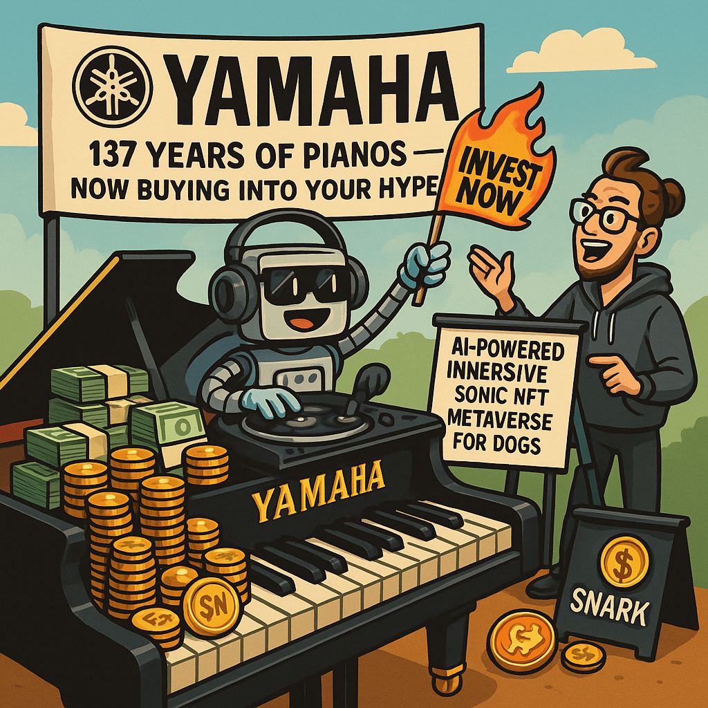 A giant, glossy Yamaha grand piano — but instead of regular keys, the keyboard is made of stacks of cash, gold coins, and crypto tokens.