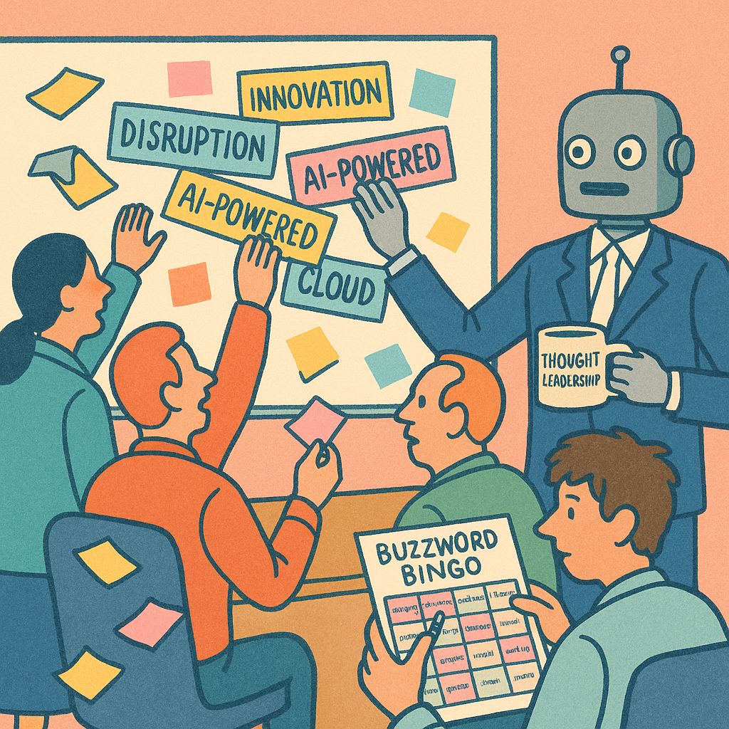 Marketers throw buzzword-filled sticky notes at a whiteboard while a robot moderates the chaos.