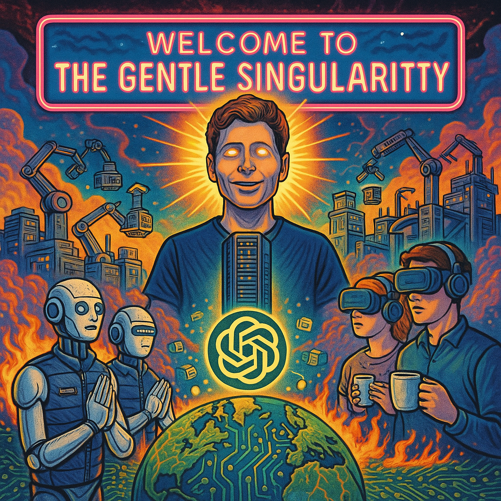 Sam Altman as a glowing techno-prophet above a circuit-board Earth, surrounded by worshipping robots and datacenters.