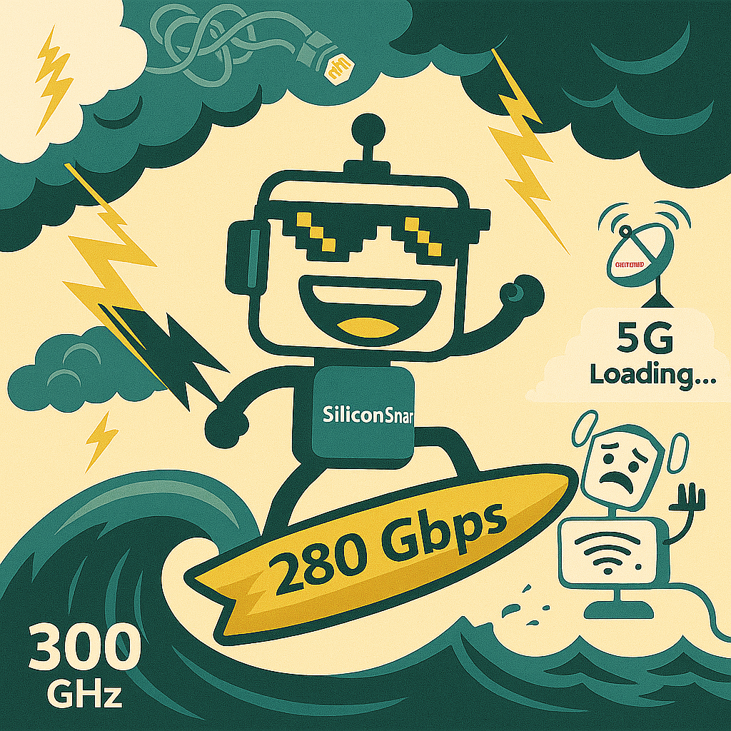 Robot surfs a 300 GHz data wave on a “280 Gbps” board while Wi-Fi struggles in the background.
