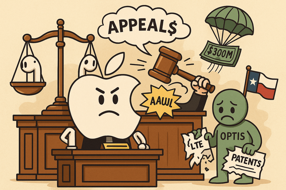 Apple wins appeal as $300M floats away from sad Optis mascot in cartoon courtroom.