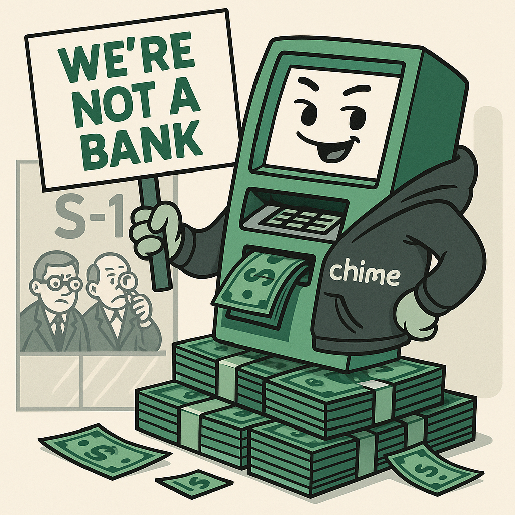 Cartoon Chime ATM holding a protest sign while regulators look on.