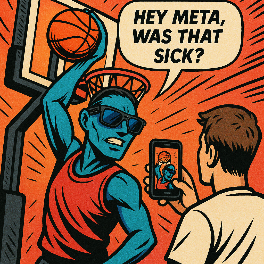 AI avatar in Oakley Meta HSTN glasses dunks while asking Meta for feedback.