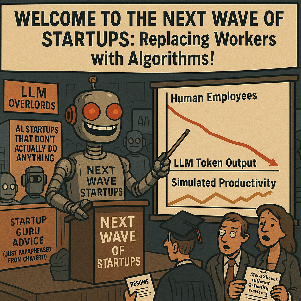 Satirical image of SiliconSnark robot leading AI startup fair with declining human employment chart.