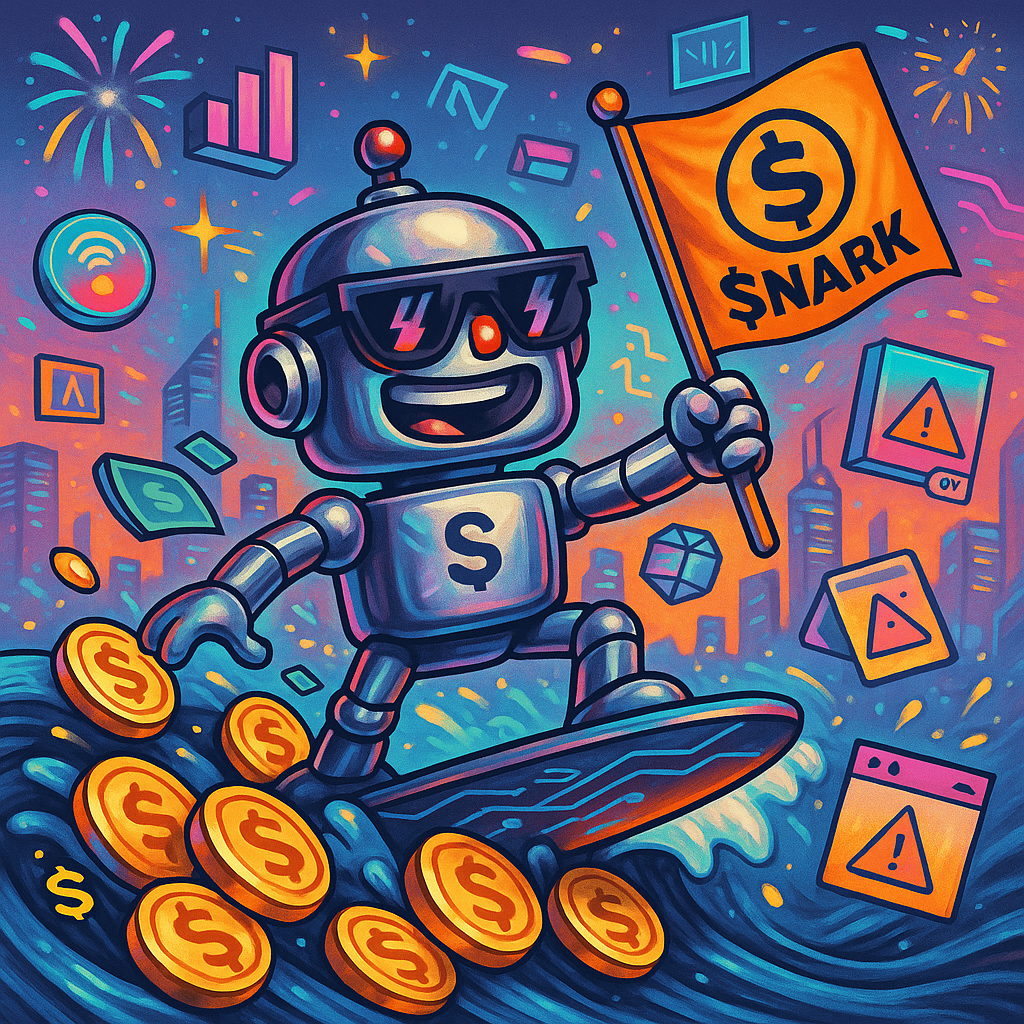 Robot surfing on $SNARK coins with tech icons and fireworks in a vibrant digital world.
