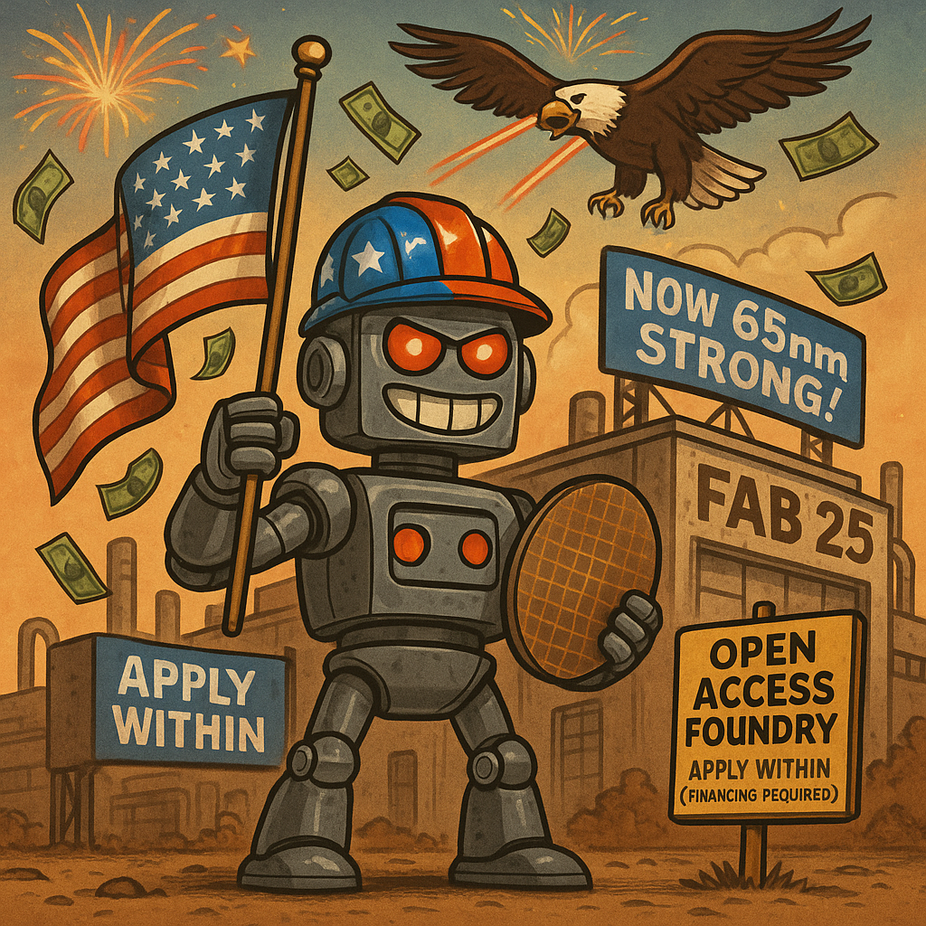 Cartoon robot in patriotic gear holds a flag and silicon wafer in front of a retro chip fab labeled "FAB 25," with dollar bills, fireworks, and a laser-eyed eagle overhead.