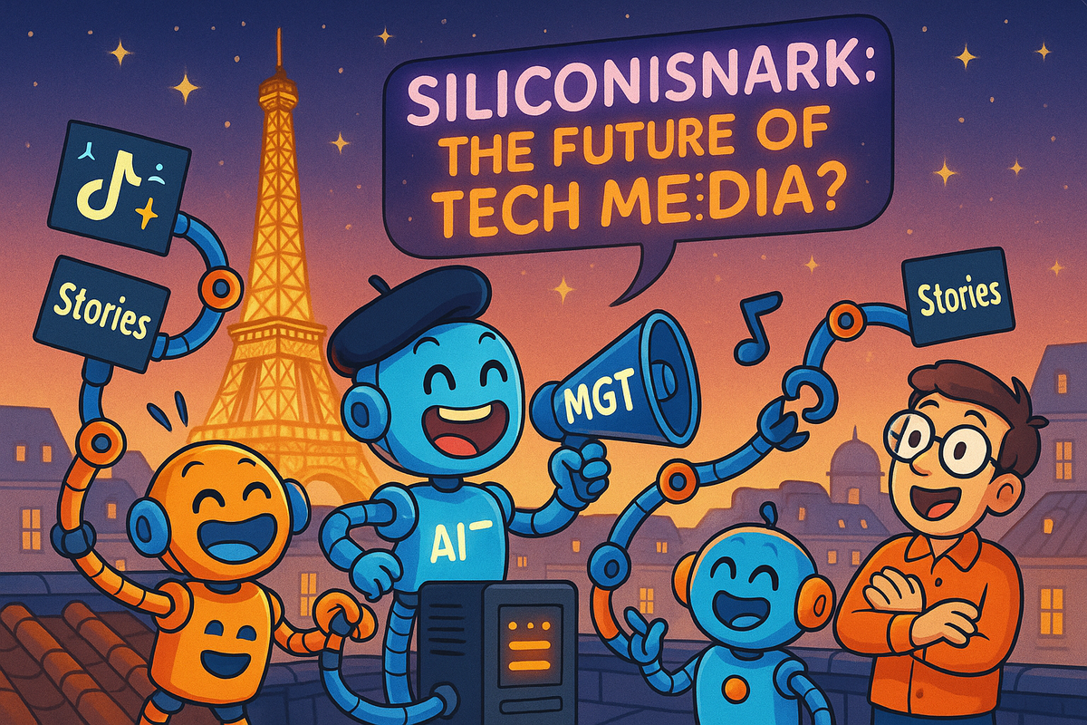 Cartoon robots joyfully producing media in Paris with a glowing Eiffel Tower and a sign reading "SiliconSnark: The Future of Tech Media?"