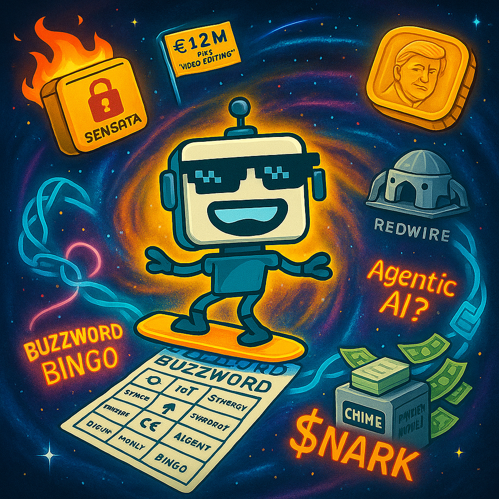Cartoon robot rides a Buzzword Bingo card in space surrounded by tech icons and glowing headlines.