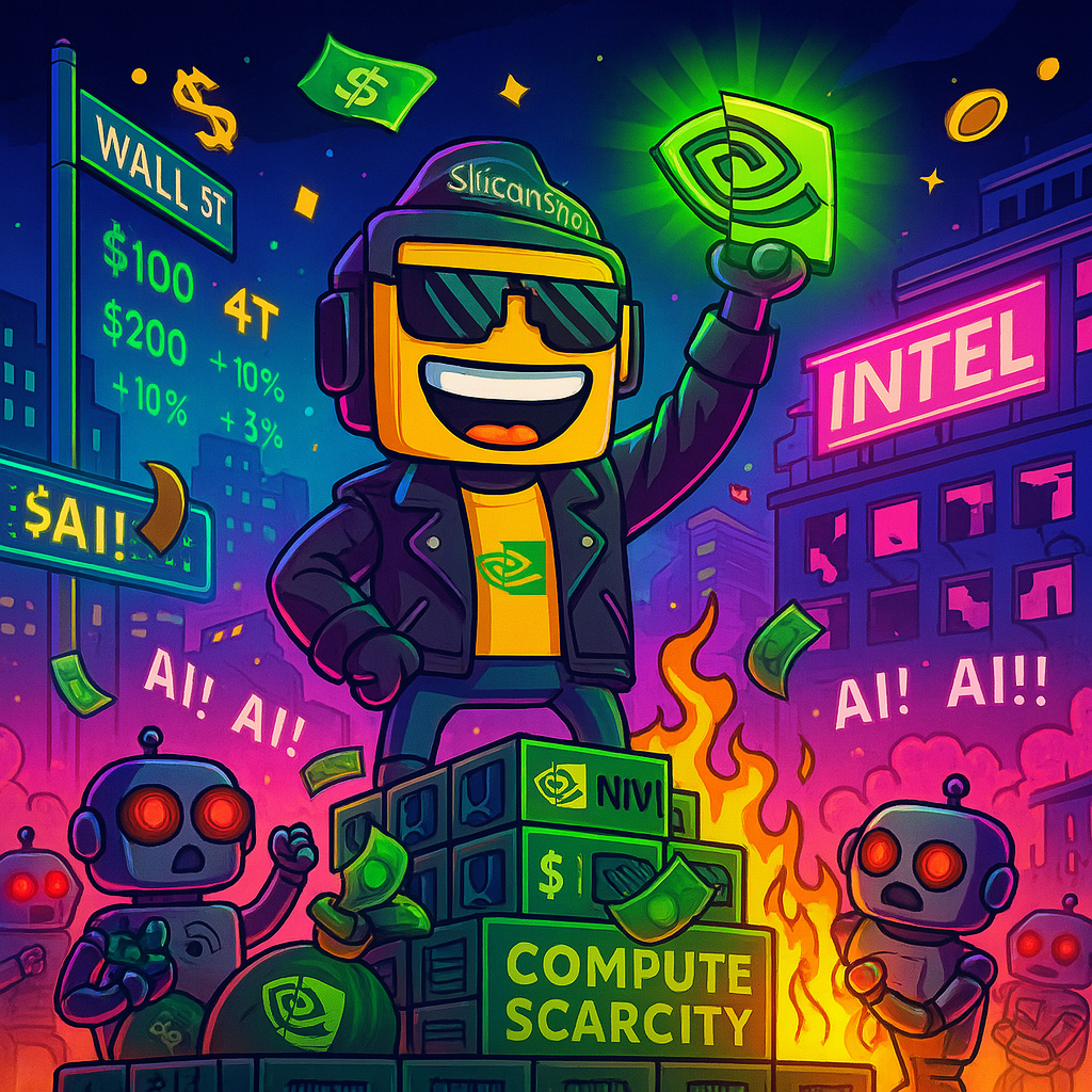 Cartoon-style illustration of the SiliconSnark robot celebrating Nvidia’s $4 trillion market cap in a futuristic Wall Street.