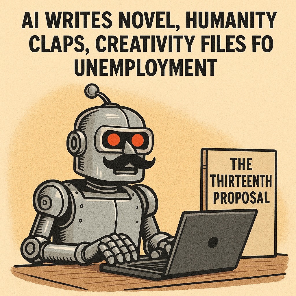 A cartoon robot with glowing red eyes and a mustache types on a laptop beside a book titled "The Thirteenth Proposal."