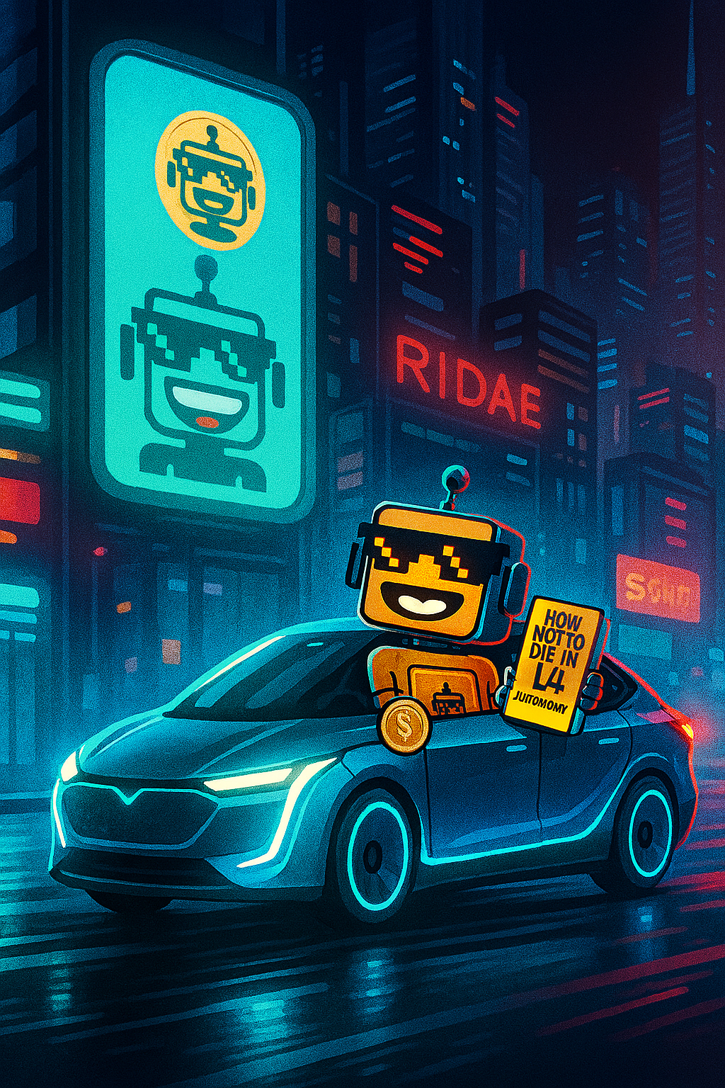 A futuristic Robotaxi glides through a neon-lit city as the SiliconSnark robot rides shotgun, grinning and holding a yellow manual titled "How Not to Die in L4 Autonomy." Ask ChatGPT