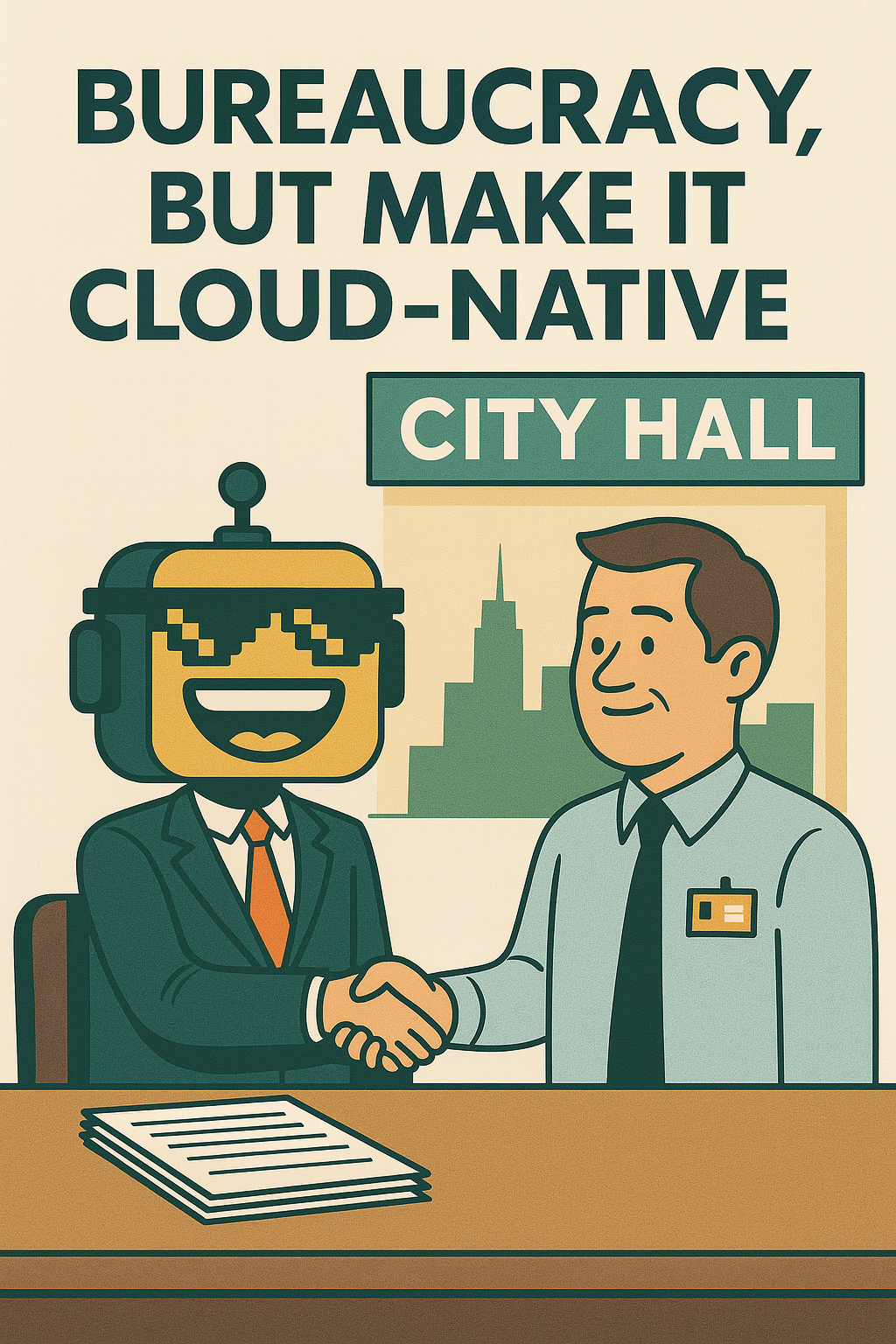 A robot in a blazer shaking hands with a city hall employee over a stack of onboarding forms, while a giant screen in the background reads: “Now 23% More Compliant!”