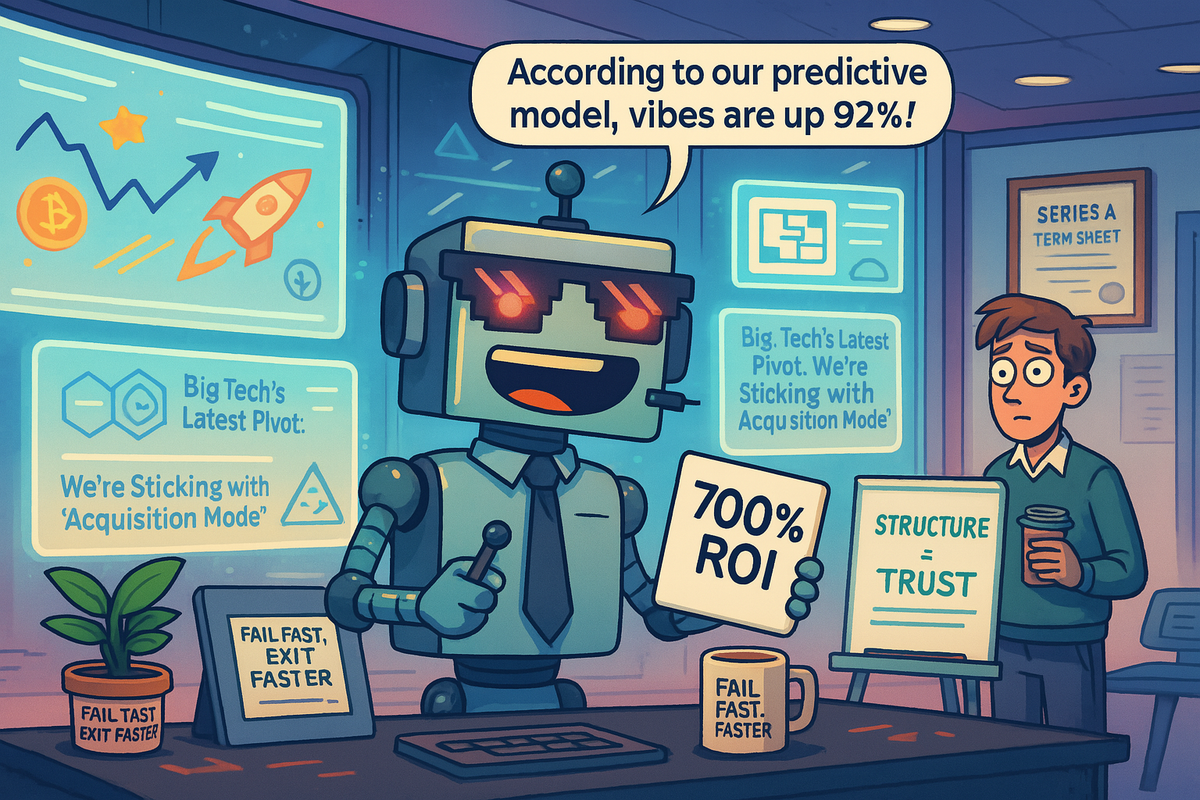 SiliconSnark robot in a tech office boasts “700% ROI” while a confused intern looks on.