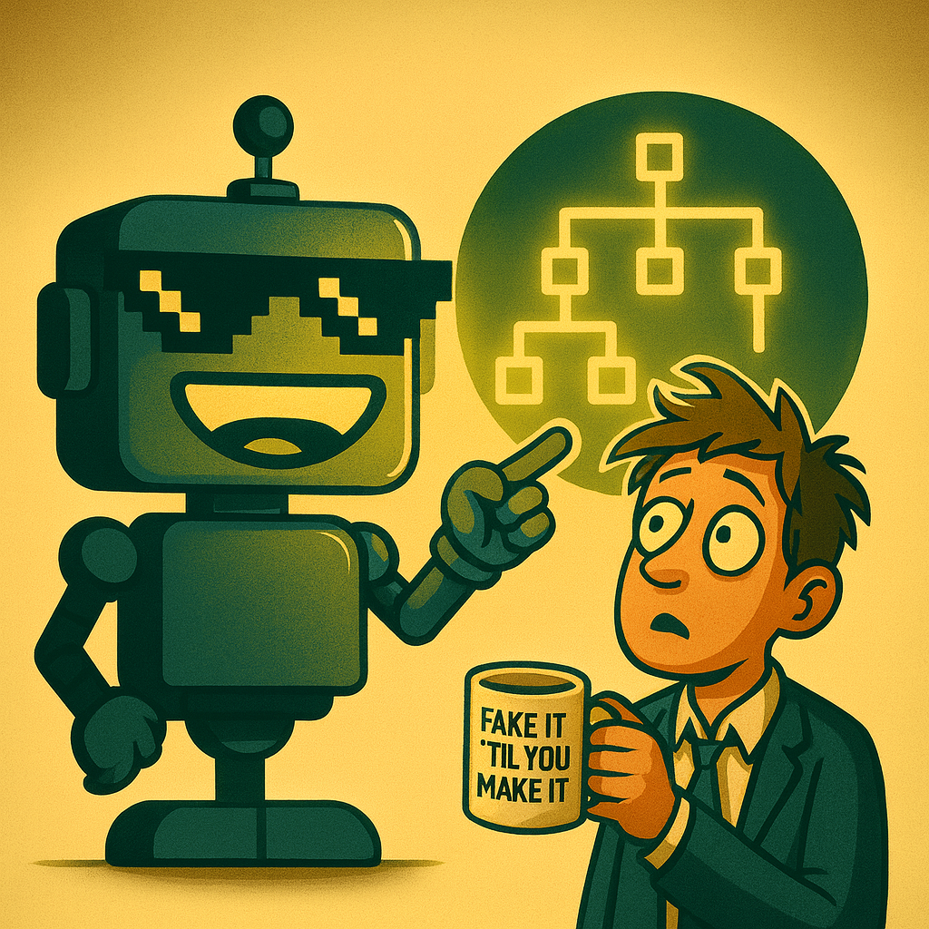 The SiliconSnark robot reviews a glowing decision tree as a bewildered intern watches in awe, holding a coffee labeled “Fake It ‘Til You Make It.”