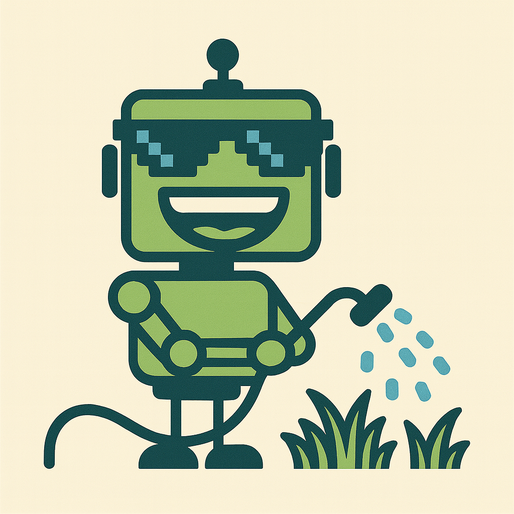 SiliconSnark robot watering grass with a hose, wearing pixelated sunglasses.