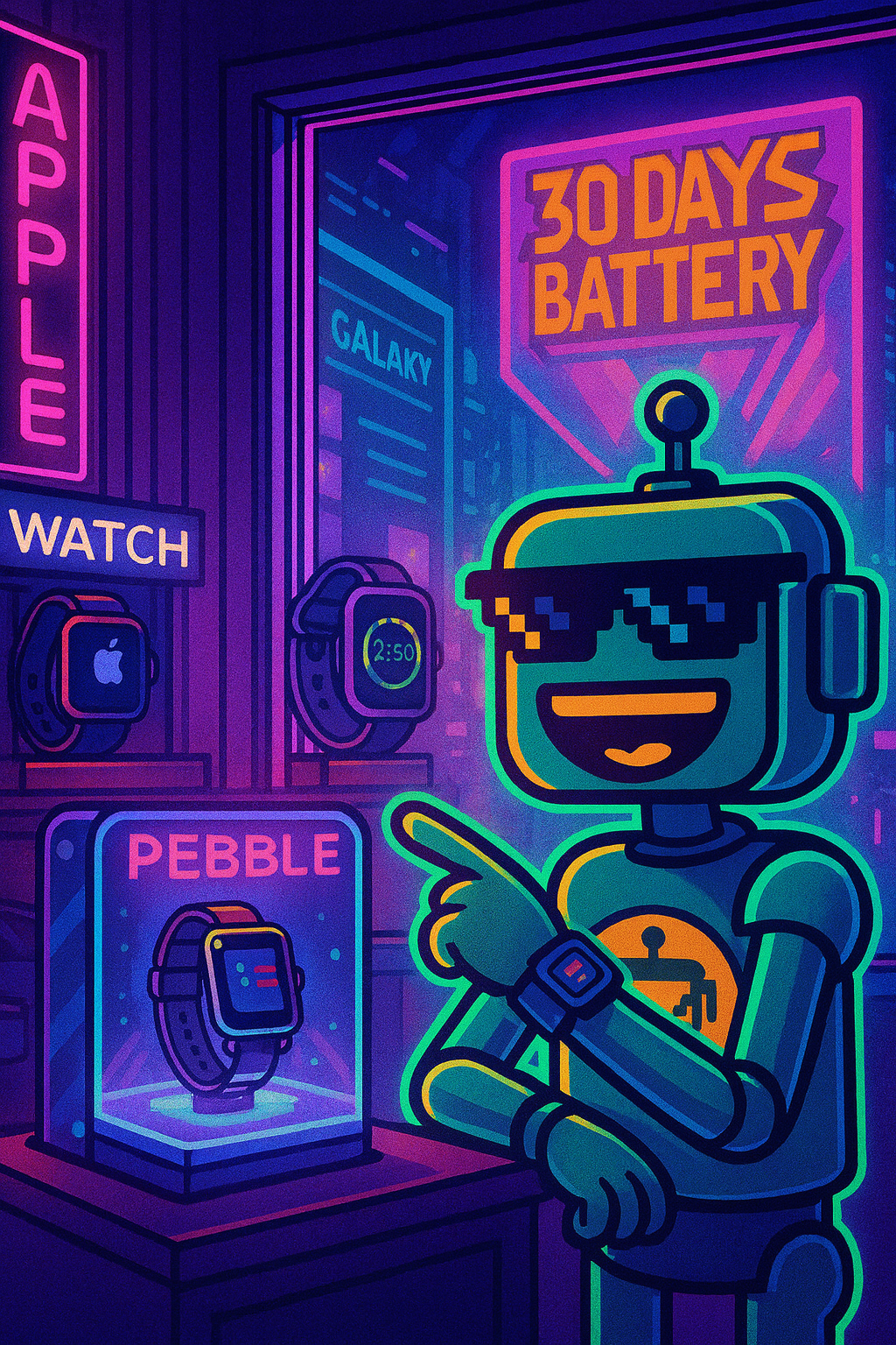 SiliconSnark robot showing off a Pebble Time 2 in a neon-lit futuristic watch store.