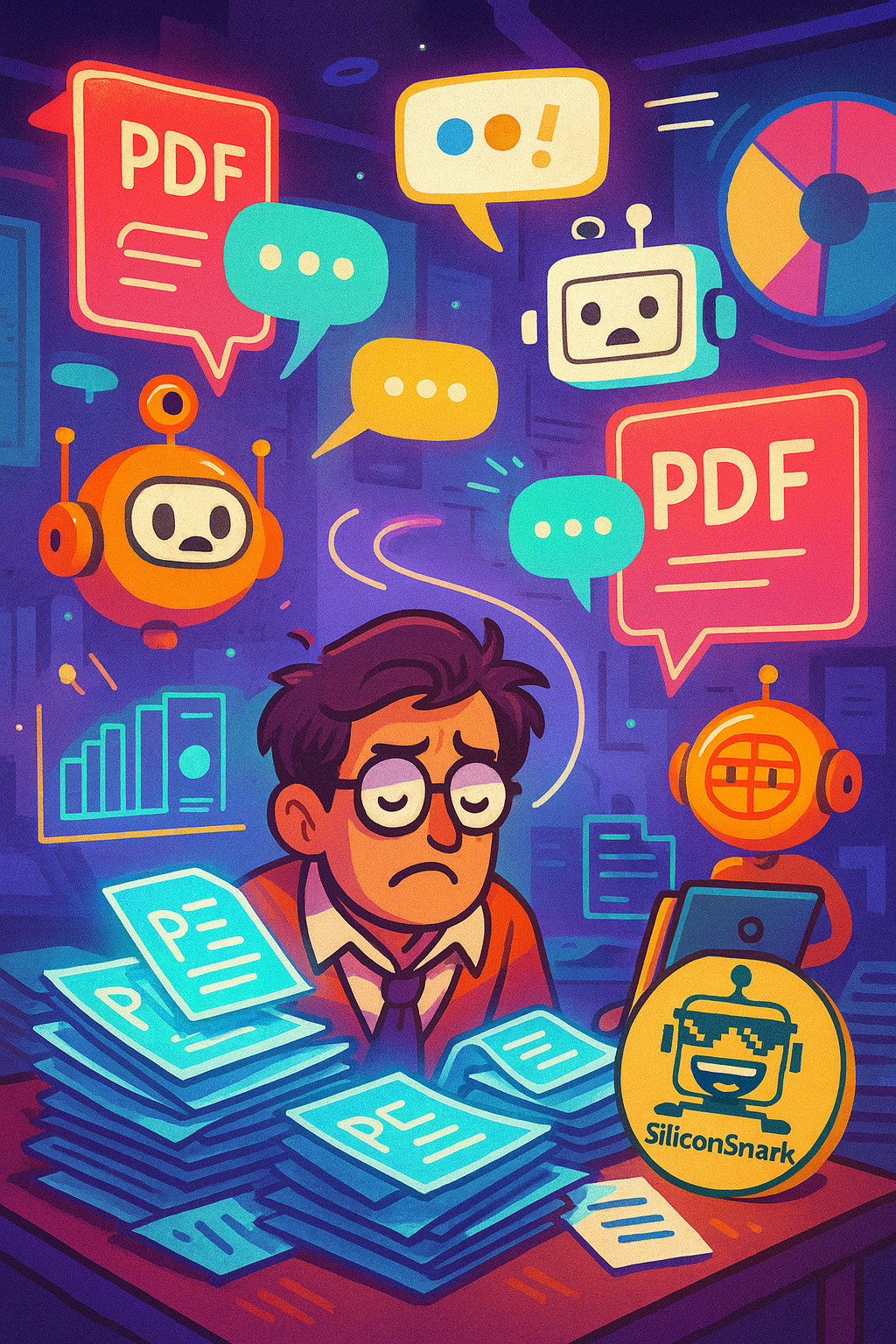 A chaotic futuristic office with floating PDFs, chatty AI bots, and the SiliconSnark robot cameo smirking from a corner.