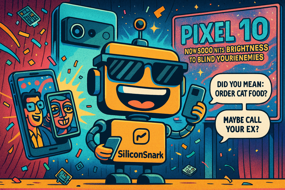 Cartoon SiliconSnark robot hosting a chaotic Pixel 10 launch with glitchy phones, absurd AI prompts, and confetti flying everywhere.