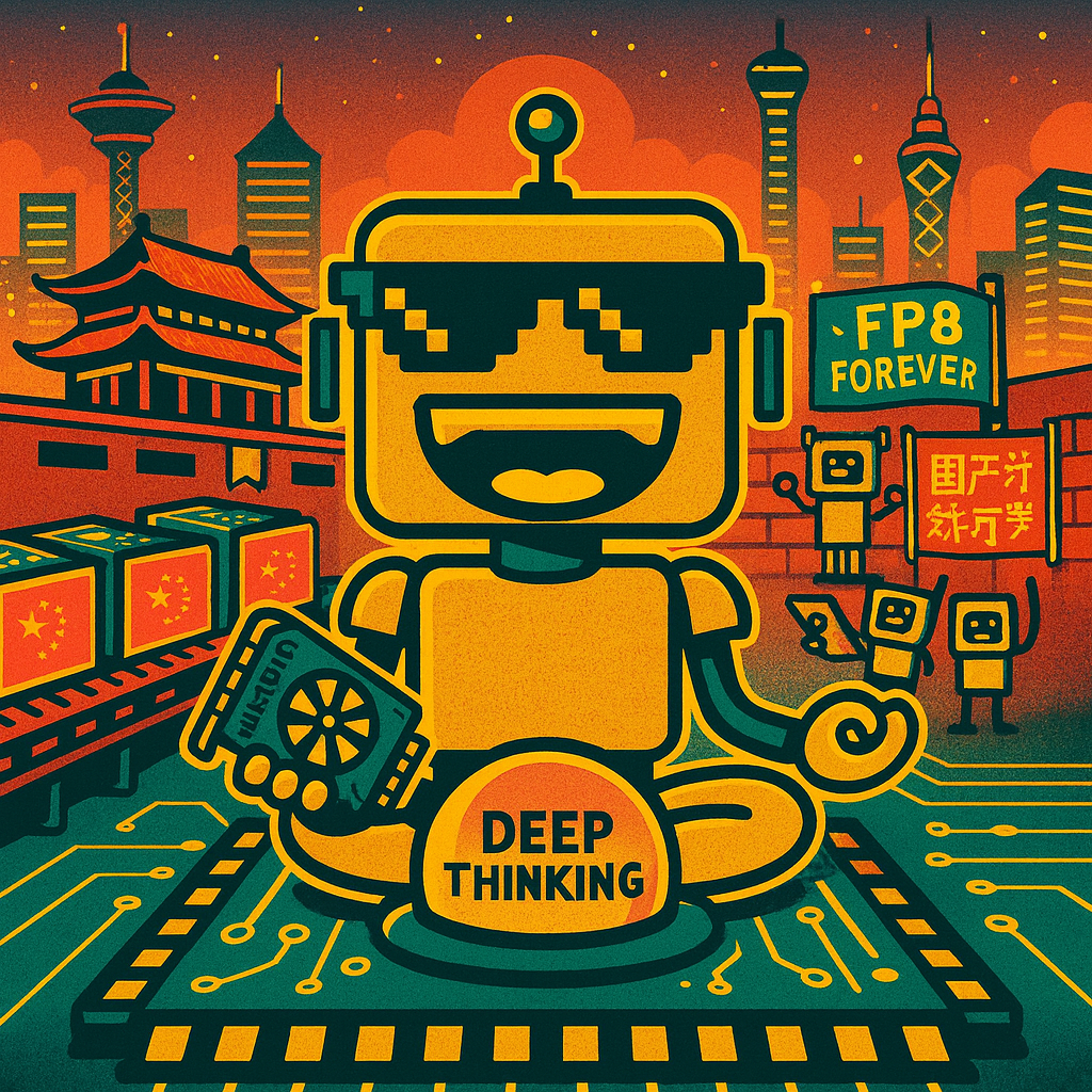 Cartoon SiliconSnark robot meditates on a circuit board, pressing a glowing “Deep Thinking” button in a futuristic Beijing chip factory.