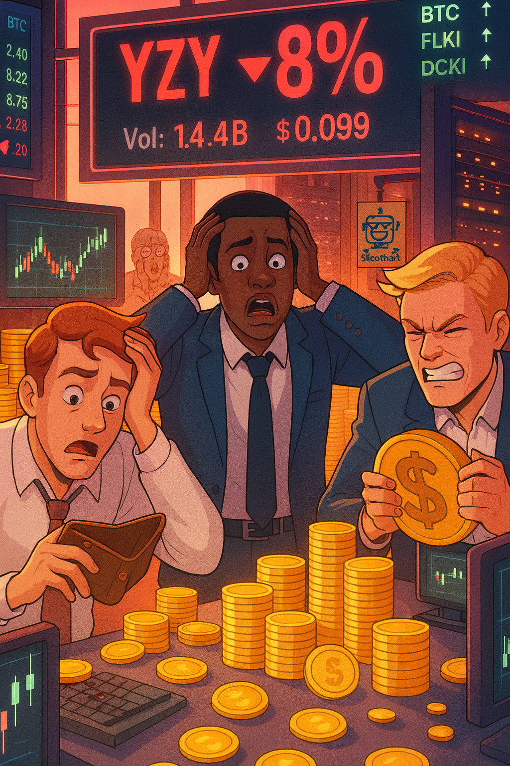Traders panic on a chaotic crypto floor as YZY coin crashes, with the SiliconSnark robot subtly in the background holding a tiny “told you so” sign.