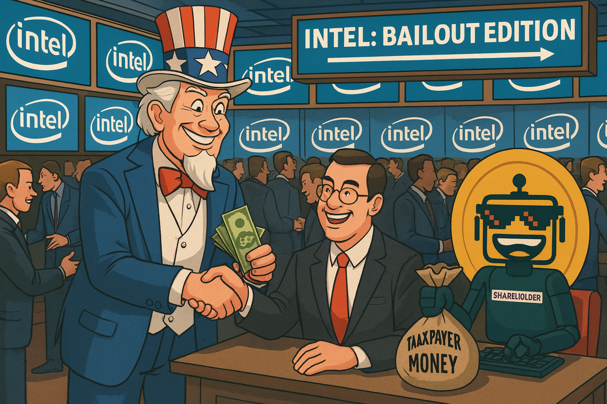 Cartoon trading floor with Intel logos, Uncle Sam handing cash to executives, and the SiliconSnark robot holding a “Taxpayer Money” bag under a ticker reading “INTC: Bailout Edition.”