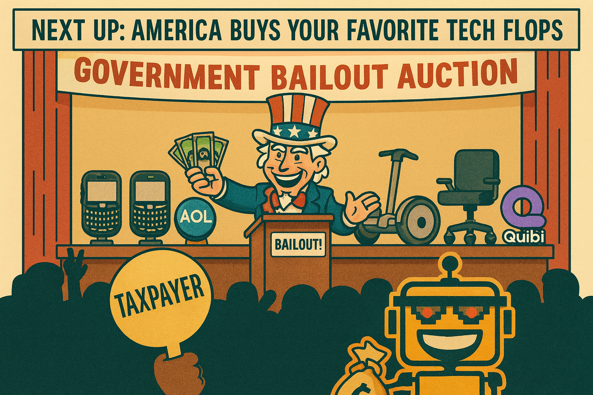 Cartoon auction scene with Uncle Sam selling failed tech logos as the SiliconSnark robot waves a “Taxpayer” paddle at a Government Bailout Auction.