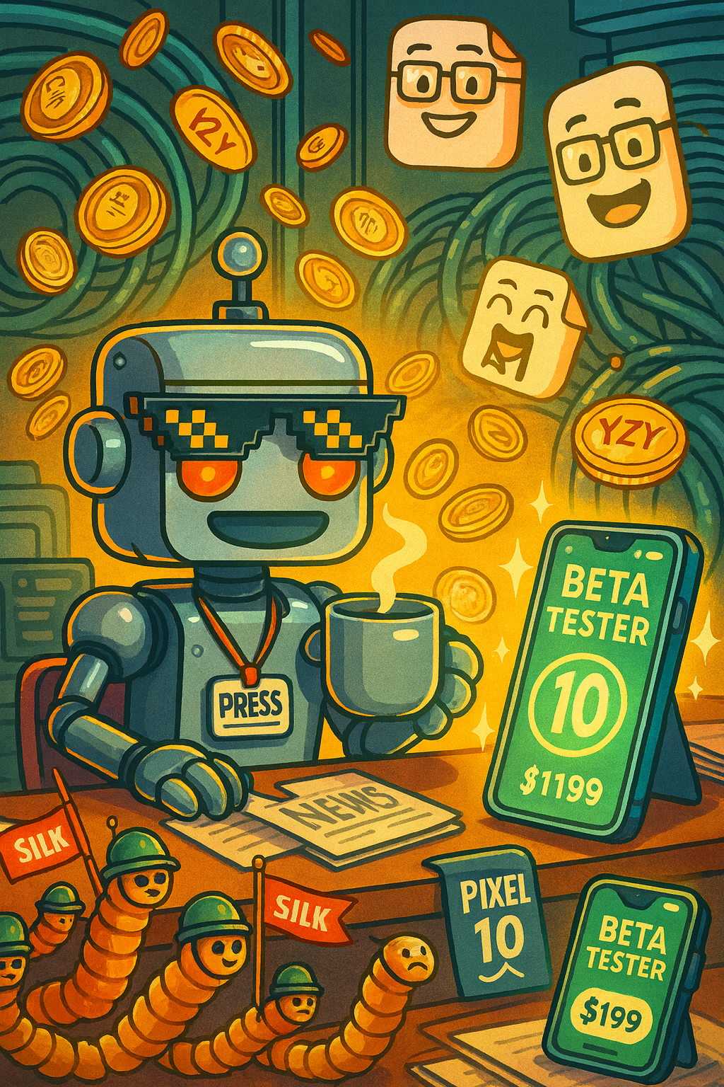 Cartoon newsroom scene of the SiliconSnark robot sipping coffee while surrounded by YZY coins, worm soldiers, AI PDFs, and overpriced Pixel 10 beta phones.