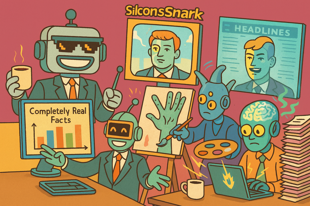 A satirical cartoon office scene with quirky AI robots working chaotically under the unimpressed, coffee-sipping SiliconSnark robot mascot.