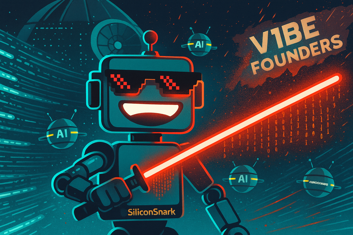 Cartoon-style SiliconSnark robot wields a glowing red lightsaber of code in a cyberpunk Death Star scene, symbolizing the dark side of vibe hacking.
