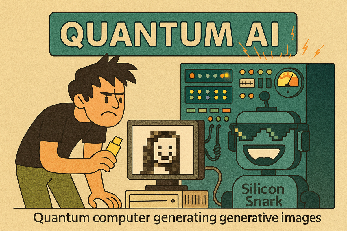 SiliconSnark robot watches a quantum computer generate the Mona Lisa’s left eyebrow after six hours of annealing.