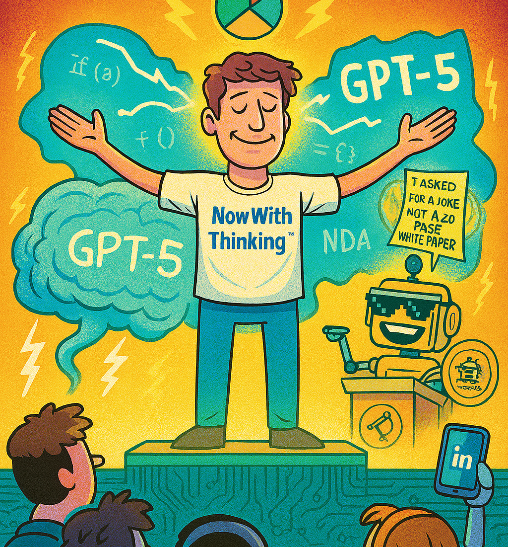 Cartoon of Sam Altman unveiling GPT-5 as divine revelation while the SiliconSnark robot mocks from behind a stack of NDAs.