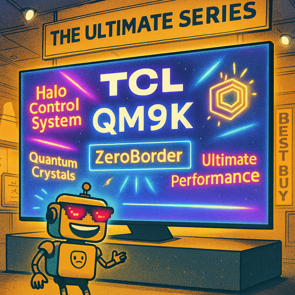Cartoon of the SiliconSnark robot reacting to a giant glowing TCL QM9K TV covered in buzzwords like “Halo Control System” and “Ultimate Performance.”