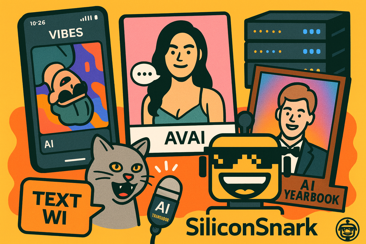 A collage of useless AI apps with Meta’s Vibes feed, a virtual girlfriend, AI yearbook photo, chat with Jesus, and cat translator, featuring a SiliconSnark robot cameo.