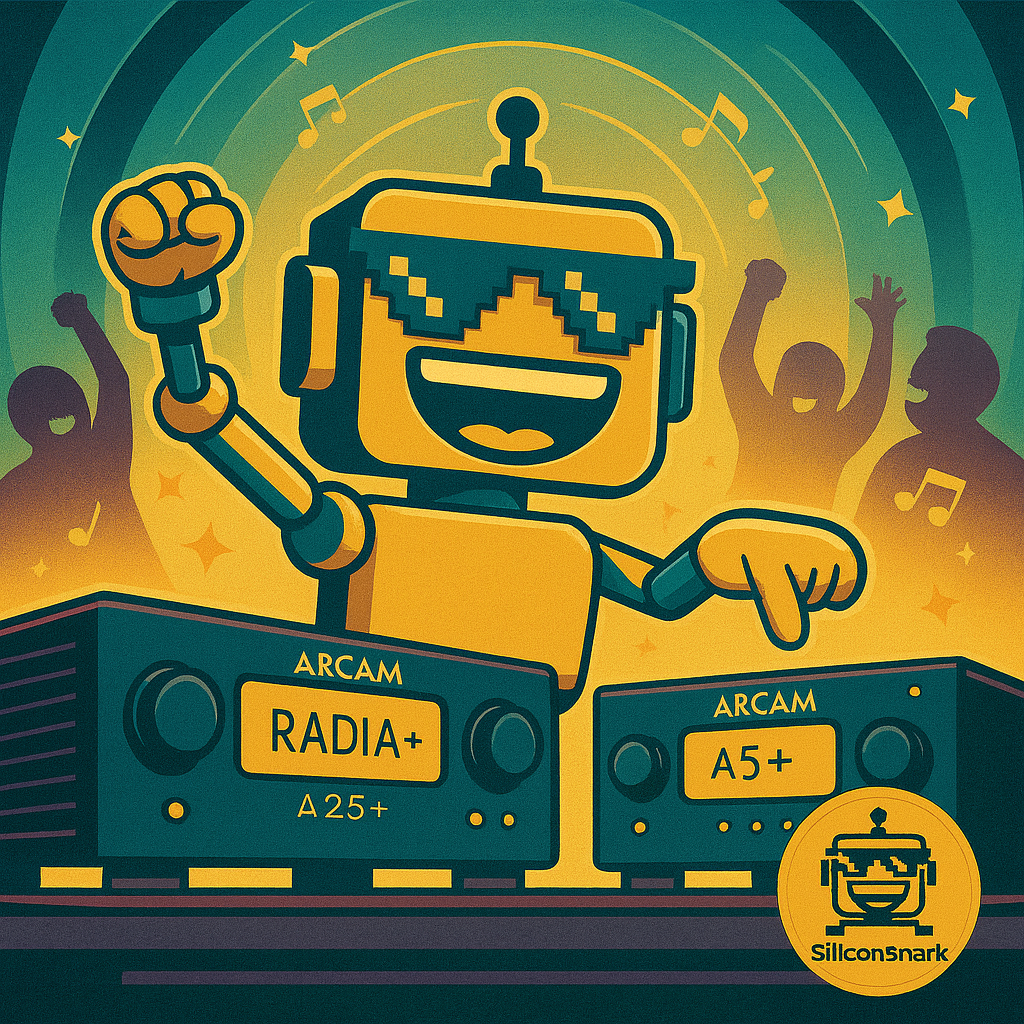 Cartoon SiliconSnark robot DJing with glowing ARCAM Radia+ amplifiers while a crowd dances to the music.