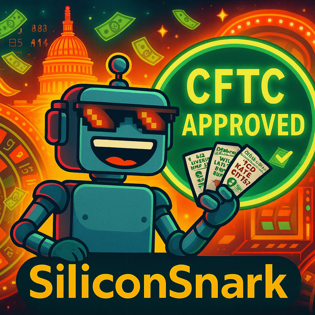 Cartoon SiliconSnark robot with glowing red sunglasses flips Polymarket tickets beside a neon “CFTC APPROVED” sign in a casino-meets-Capitol Hill backdrop.