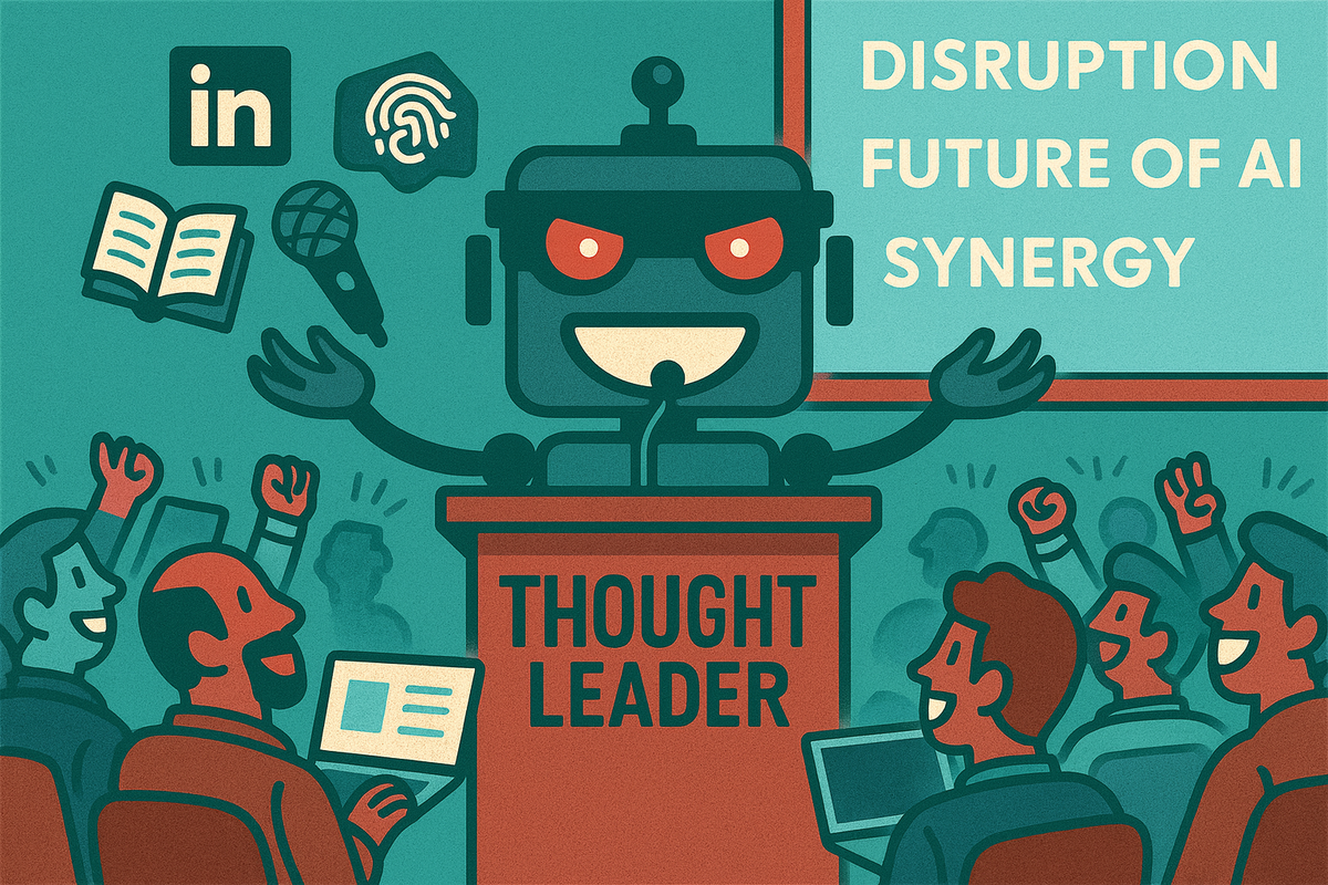 Cartoon SiliconSnark robot giving a TED-style talk, juggling buzzwords and AI icons to parody tech thought leadership.