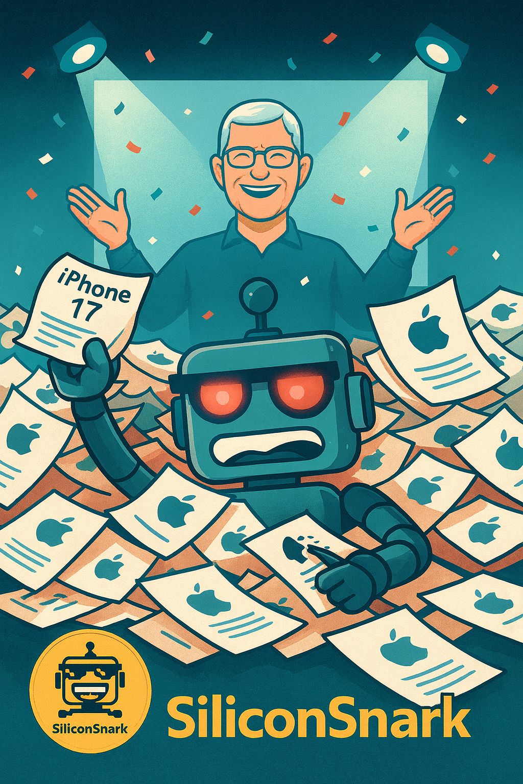 SiliconSnark robot drowning in Apple press releases as Tim Cook smiles in the background.