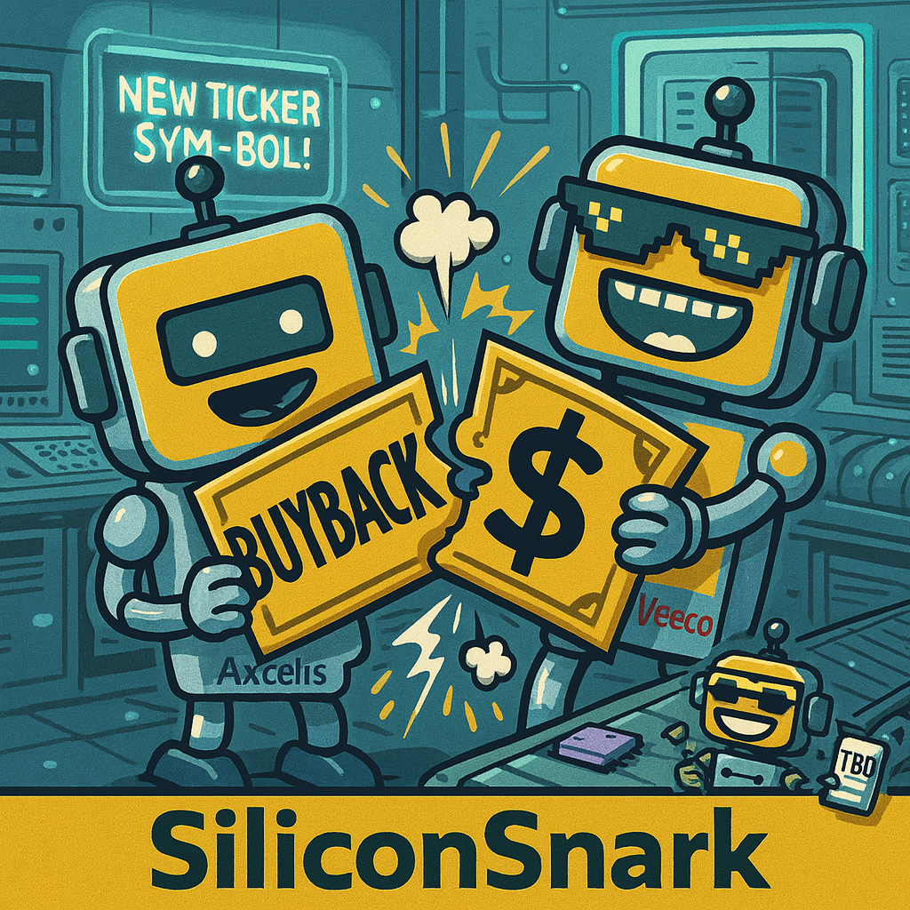 Cartoon robots in a semiconductor fab holding oversized wafers labeled “Synergies” and “Secular Tailwinds,” with CircuitSmith the SiliconSnark robot smirking in the background.