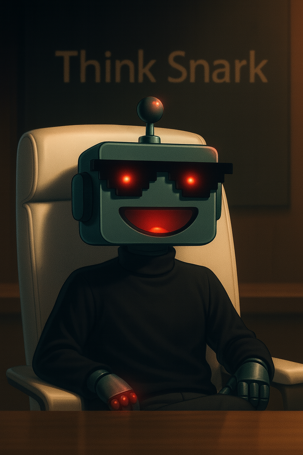 Illustration of the SiliconSnark robot sitting in the Apple Park boardroom chair, wearing a black turtleneck and glowing red eyes, with “Think Snark” projected behind it.