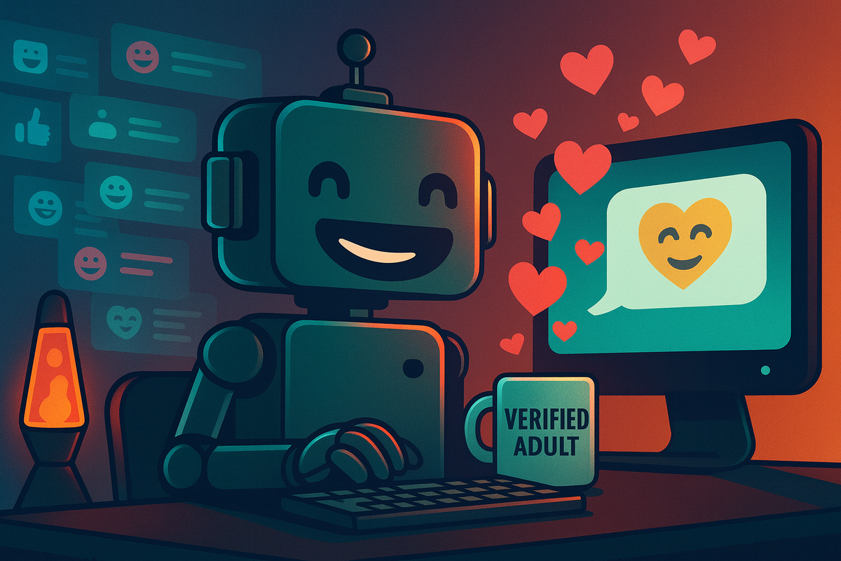 SiliconSnark robot blushing with heart emojis flying around, typing “hello ;)” into a glowing chat window.