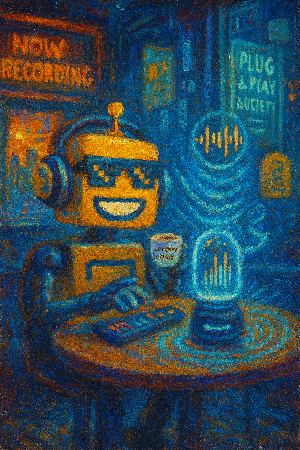 SiliconSnark robot recording music in a neon café using Hisong’s glowing AirStudio S1 capsule, surrounded by holographic soundwaves and impressionist blue-orange light.
