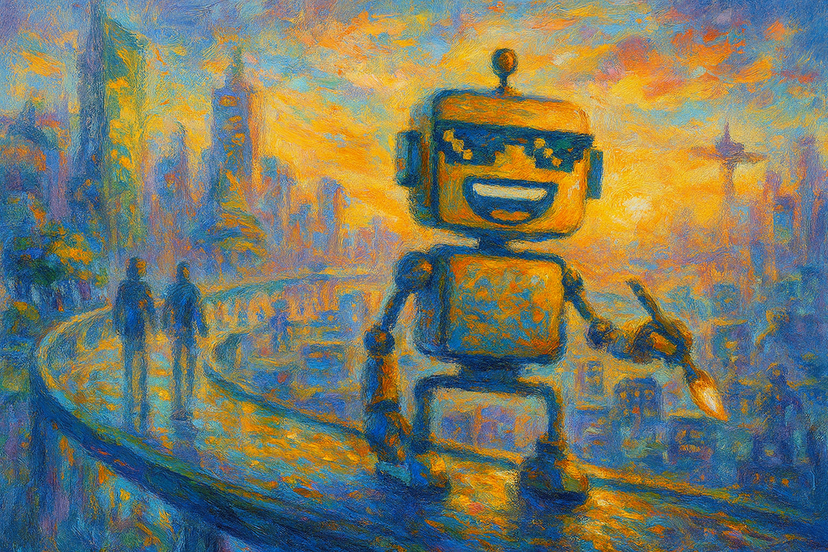 Impressionist sunrise cityscape with the smiling SiliconSnark robot painting a glowing futuristic skyline in vibrant blues, golds, and corals.