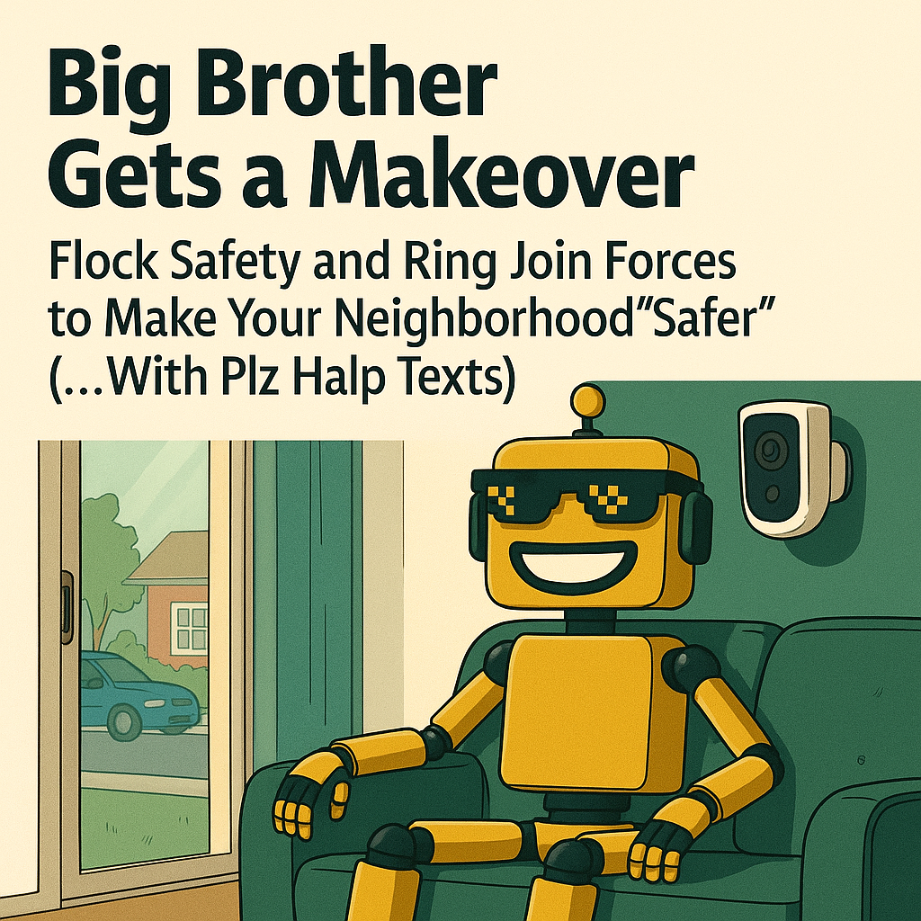 A smiling lifelike SiliconSnark robot lounges on a couch beside a Ring camera in a suburban living room, blending humor and surveillance satire.