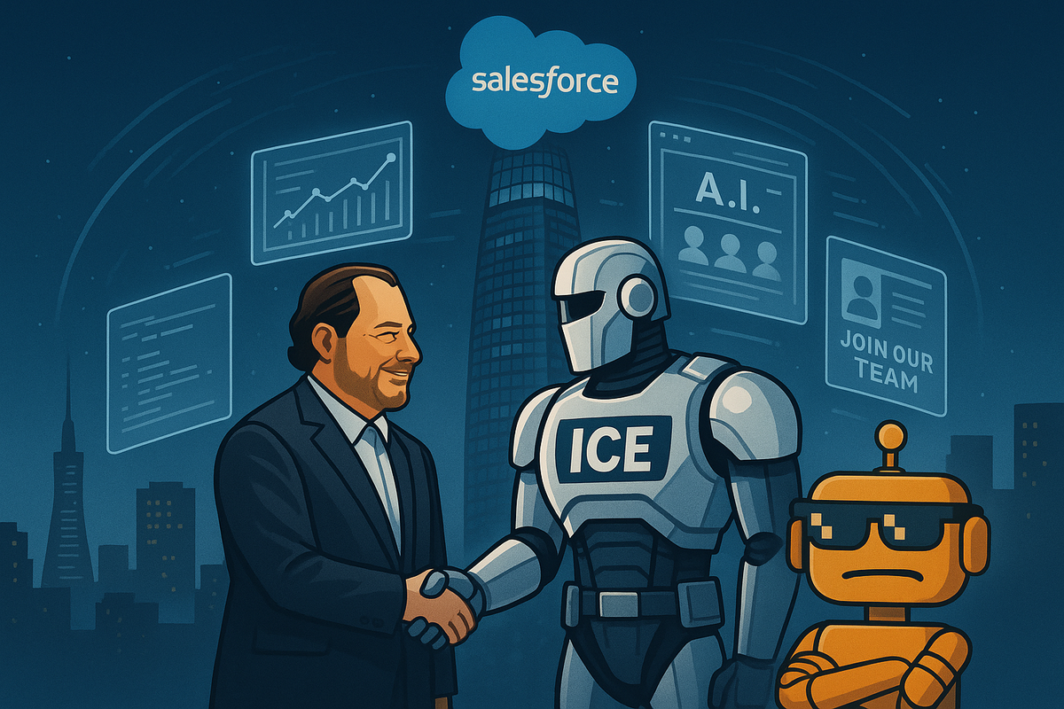 Marc Benioff shakes hands with a robotic ICE agent under the glowing Salesforce Tower as the unimpressed SiliconSnark robot looks on.