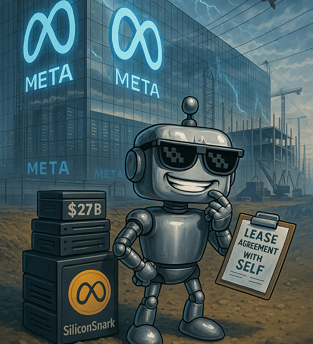 SiliconSnark robot outside Meta’s massive Hyperion AI data center, holding a lease agreement with itself.